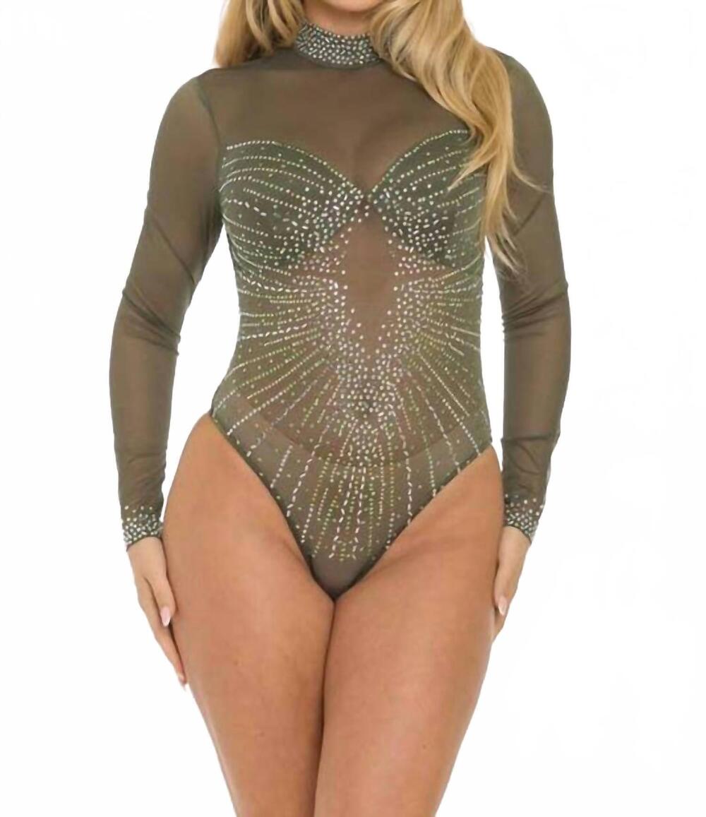 NEW BANJUL rhinestone sheer mesh bodysuit in olive